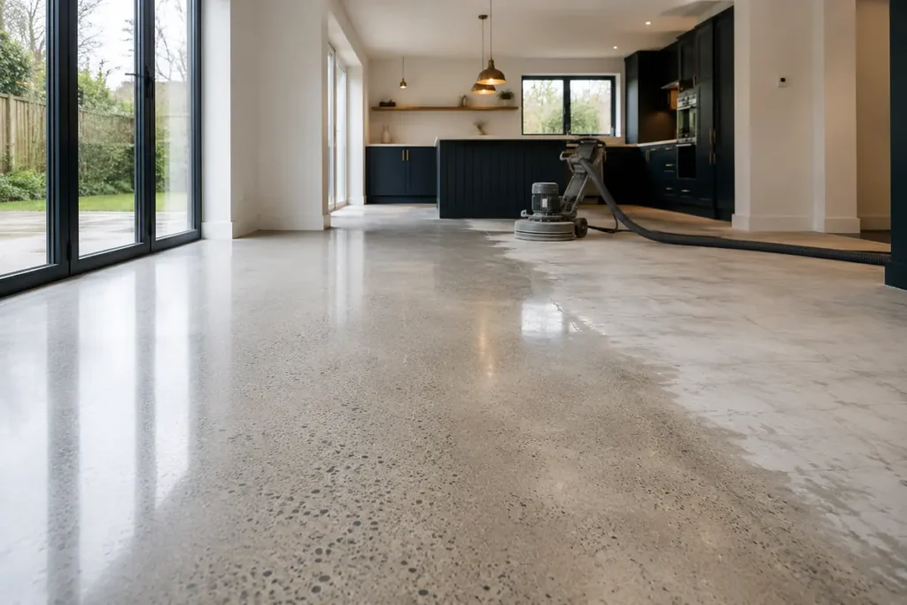 Existing concrete floor being professionally polished in a UK home