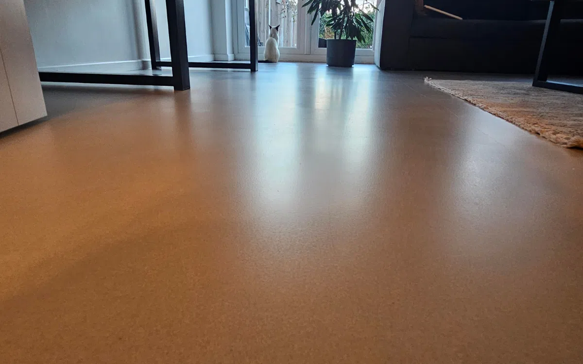 Decorative concrete overlay installed on an interior floor