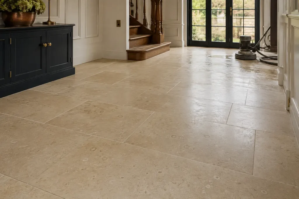 Professionally restored limestone floor in a UK home