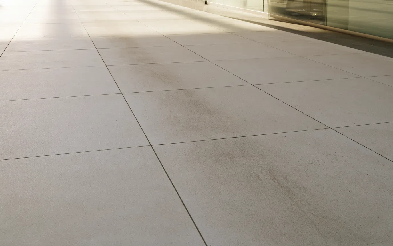 Ingrained dirt and traffic wear on a matte tile floor
