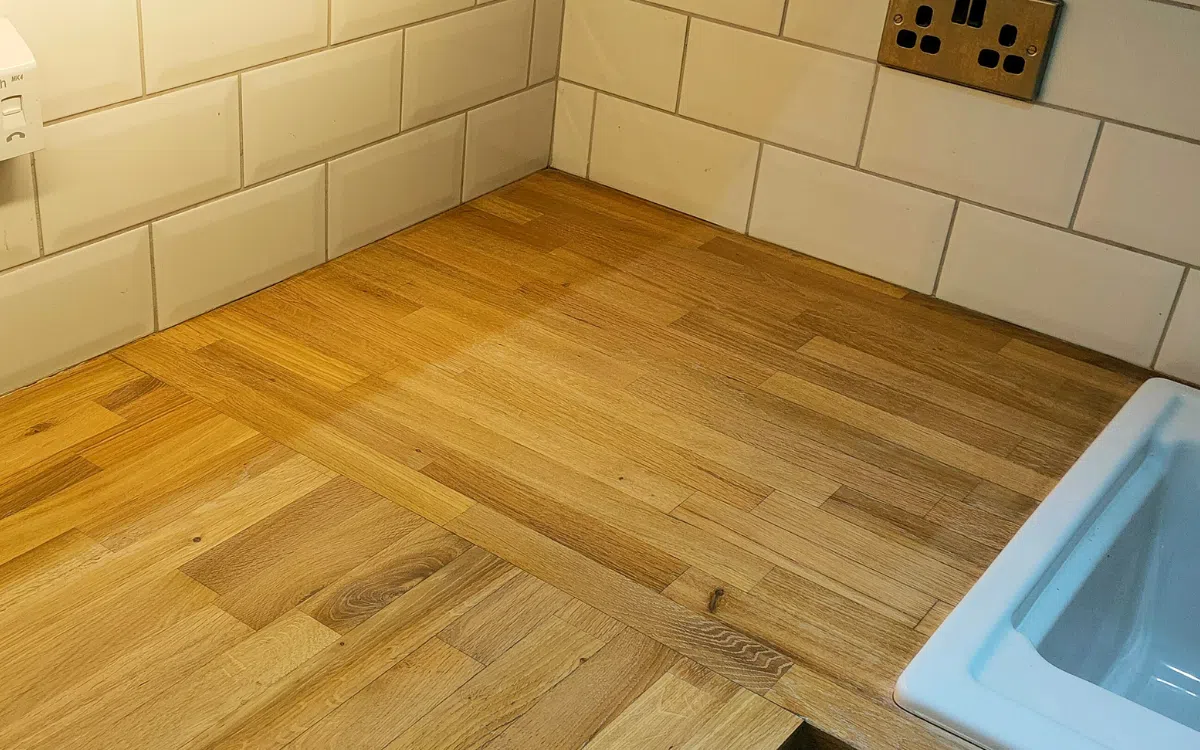 Solid wood worktop after professional sanding and restoration